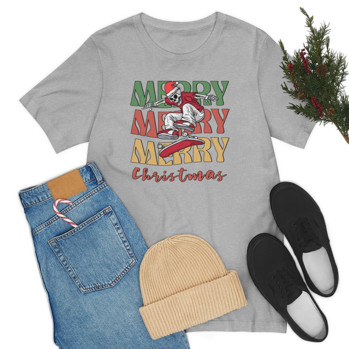 Merry Christmas Skeleton Skateboarding Retro Christmas Tshirt