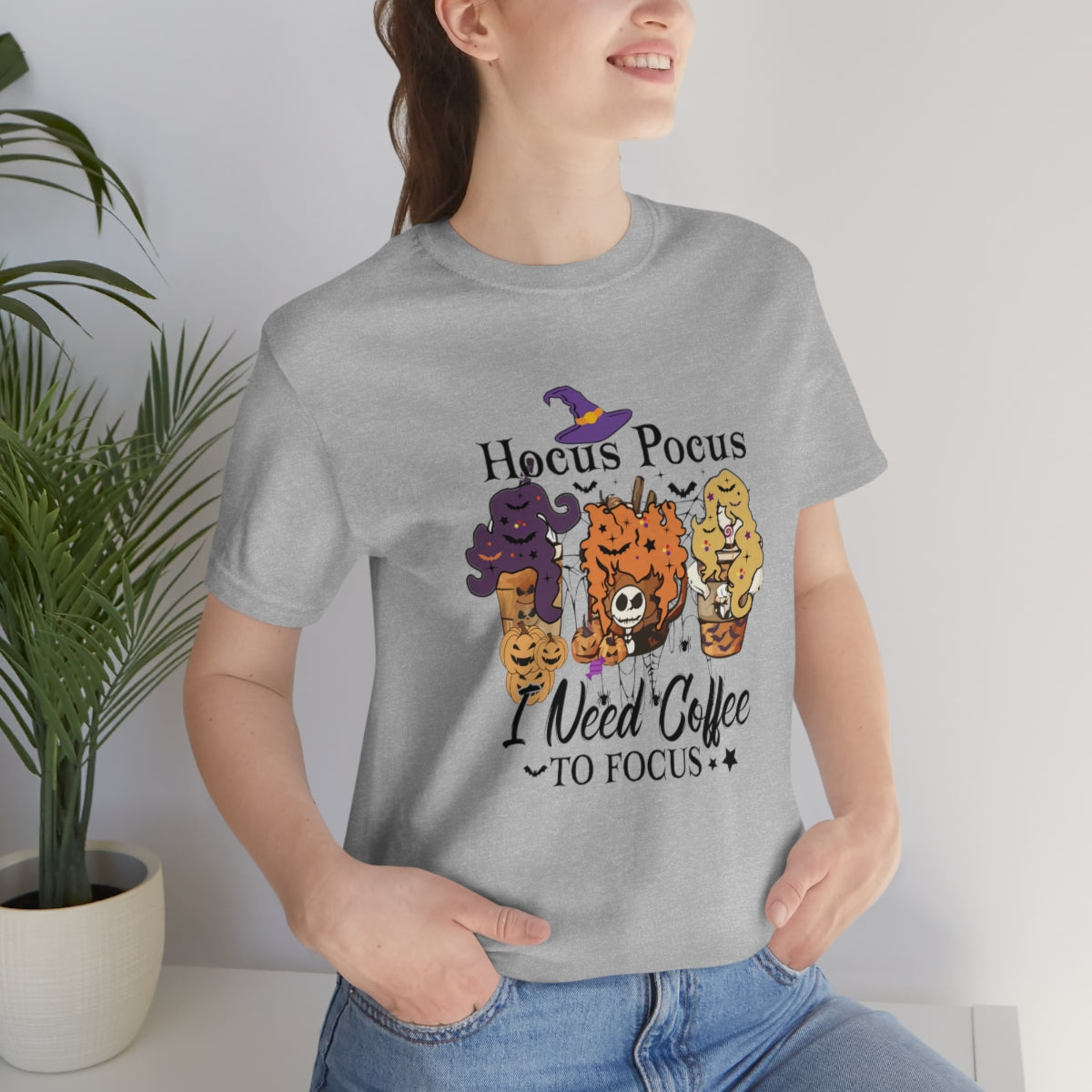 Hocus Pocus, I Need Coffee to Focus Halloween Tshirt, Funny Halloween T-Shirt Design on Unisex Jersey Short Sleeve Tee