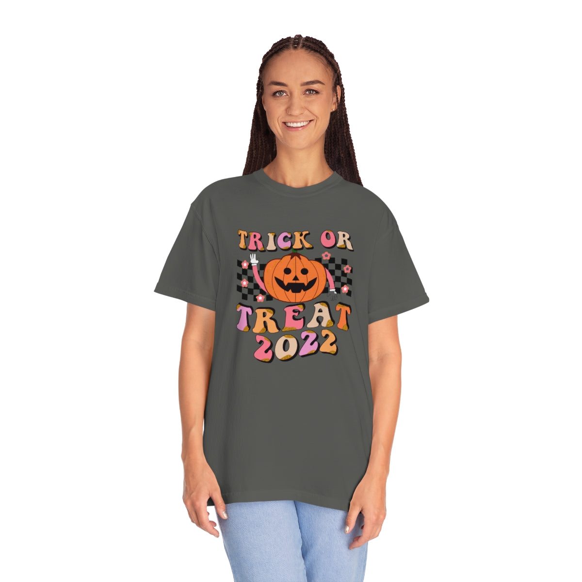 Trick or Treat Halloween 2022 Cute Retro Teeshirt Design on Unisex Garment-Dyed T-shirt