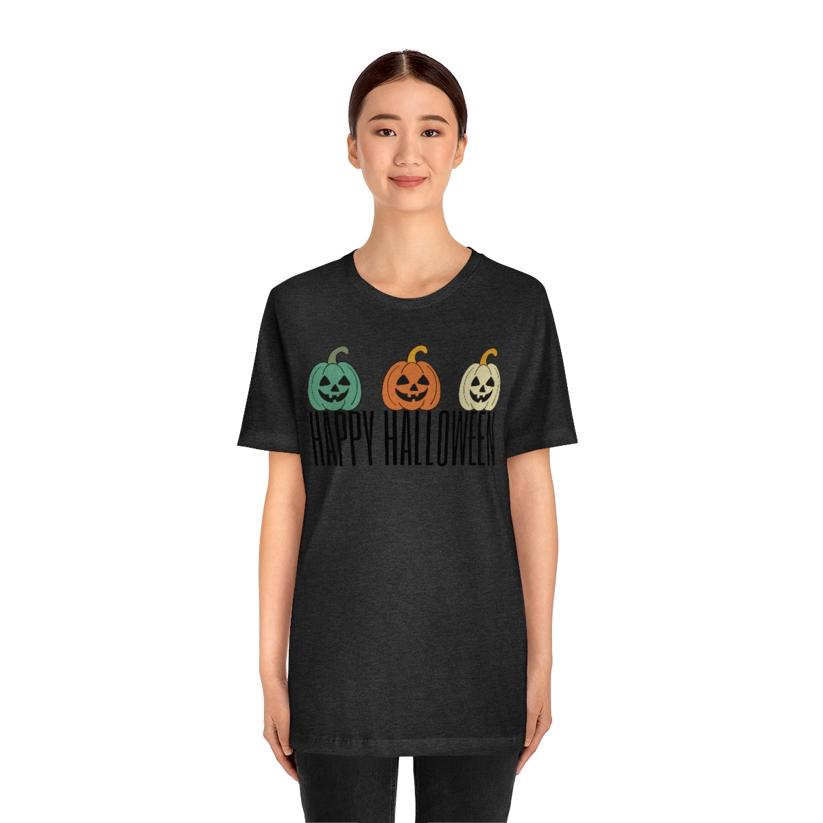 Three Pumpkins Retro Cute Happy Halloween TShirt Design on Unisex Jersey Short Sleeve Tee