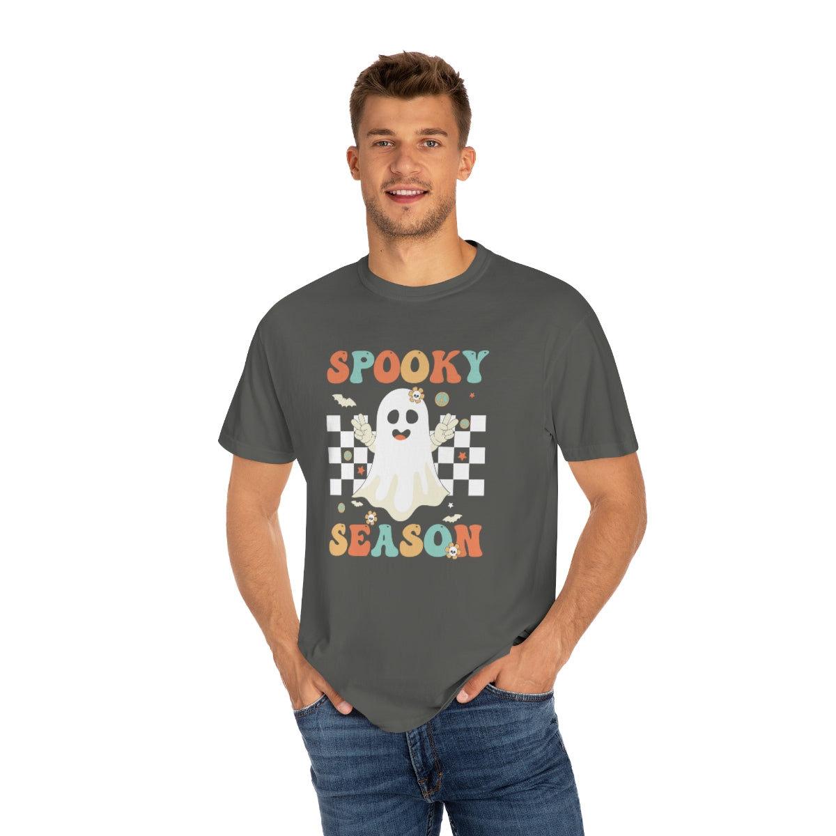 Spooky Season Halloween with Checkerboard Cute Retro Design, Halloween Tshirt, Funny Tshirt Design on Unisex Garment-Dyed T-shirt