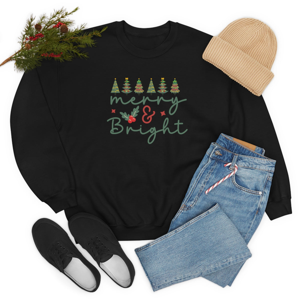 Cute Merry & Bright Christmas Trees Lights Xmas Holiday Sweatshirt