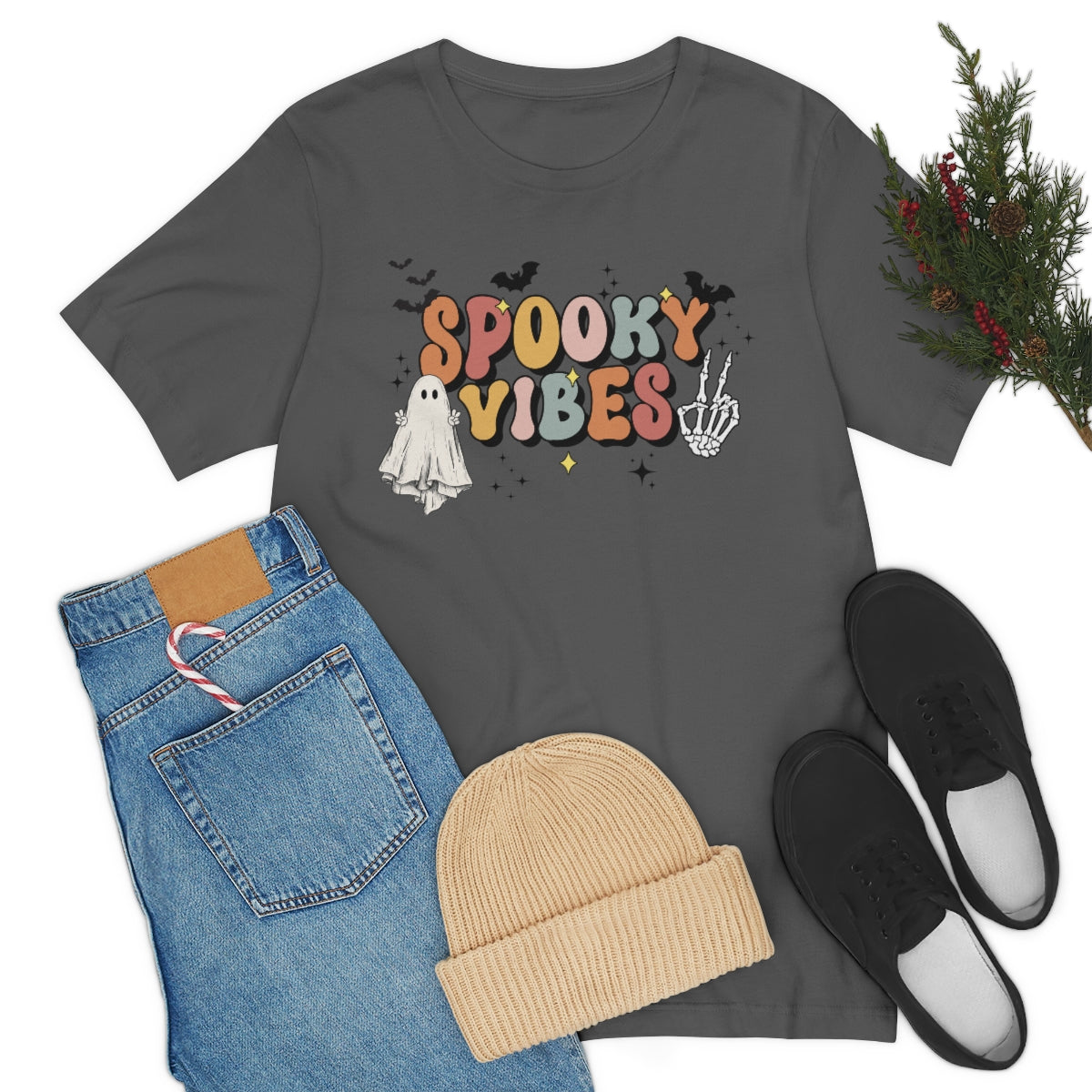 Spooky Vibes Retro Letters with Ghost TShirt, Funny Shirt, Halloween Lover Gift on Unisex Jersey Short Sleeve Tee