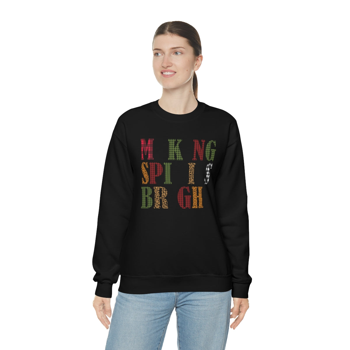 Making Spirits Bright Plaid Lettering Christmas Sweatshirt