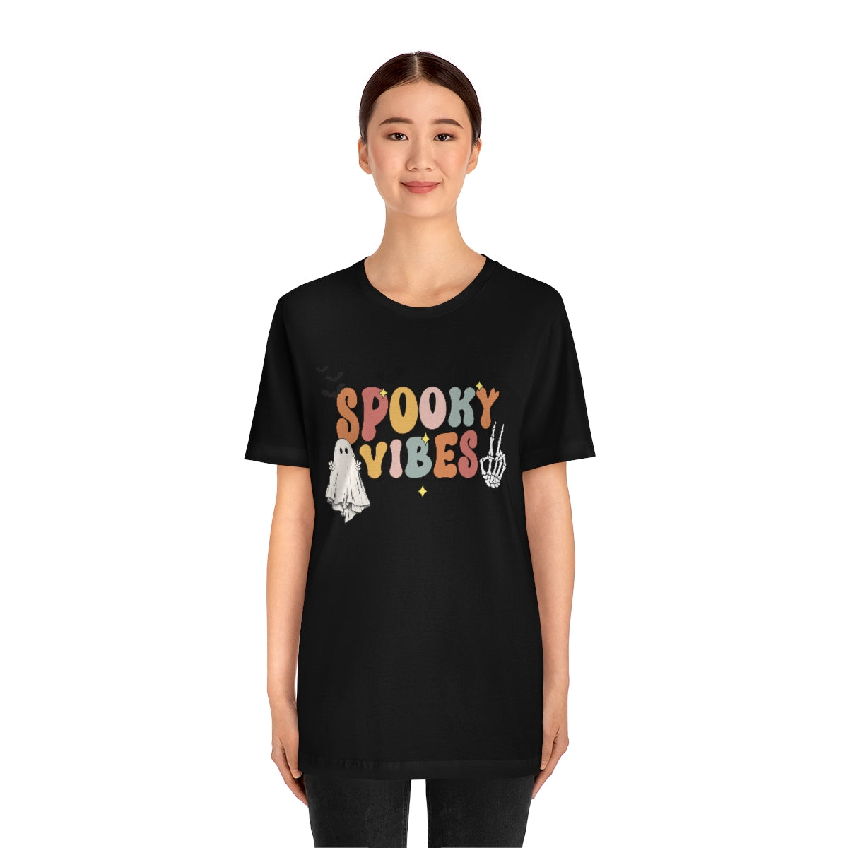 Spooky Vibes Retro Letters with Ghost TShirt, Funny Shirt, Halloween Lover Gift on Unisex Jersey Short Sleeve Tee