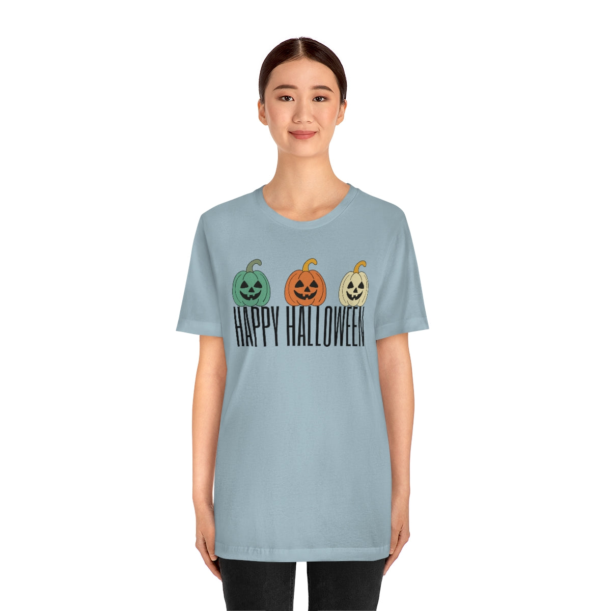 Three Pumpkins Retro Cute Happy Halloween TShirt Design on Unisex Jersey Short Sleeve Tee