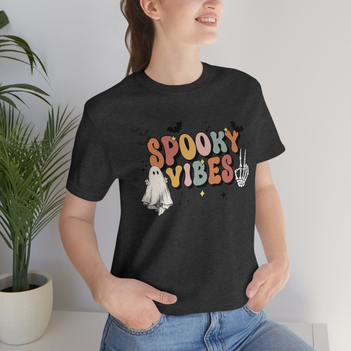 Spooky Vibes Retro Letters with Ghost TShirt, Funny Shirt, Halloween Lover Gift on Unisex Jersey Short Sleeve Tee