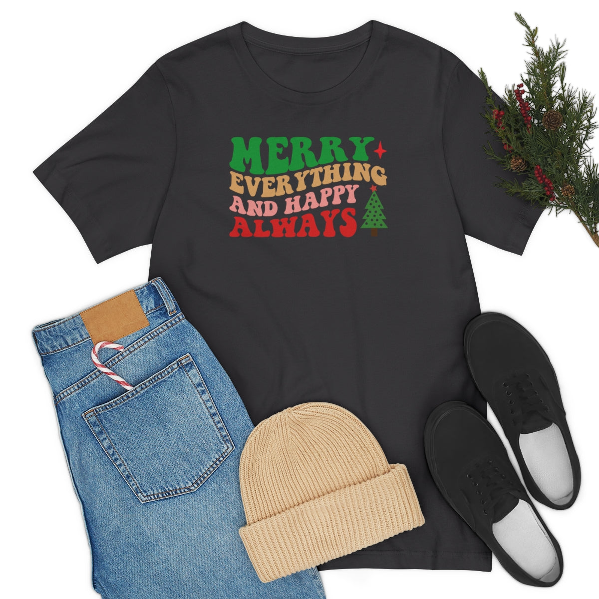 Merry Everything Retro Lettering Christmas Tshirt