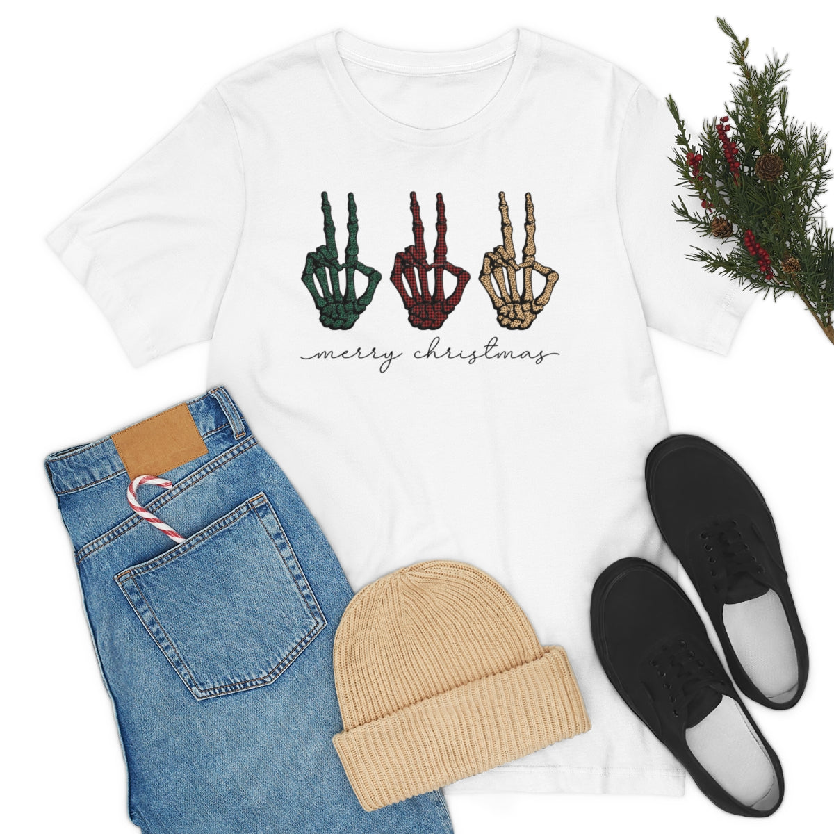 Three Peace Signs Skeleton Hands Spooky Merry Christmas Script Tshirt