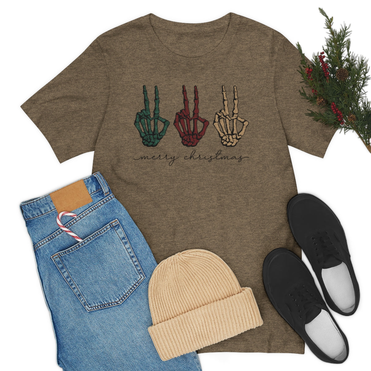 Three Peace Signs Skeleton Hands Spooky Merry Christmas Script Tshirt