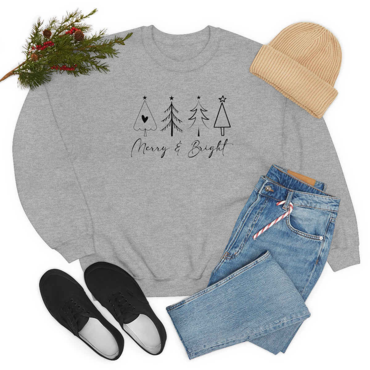 Merry & Bright Simple Christmas Xmas Trees Holiday Sweatshirt