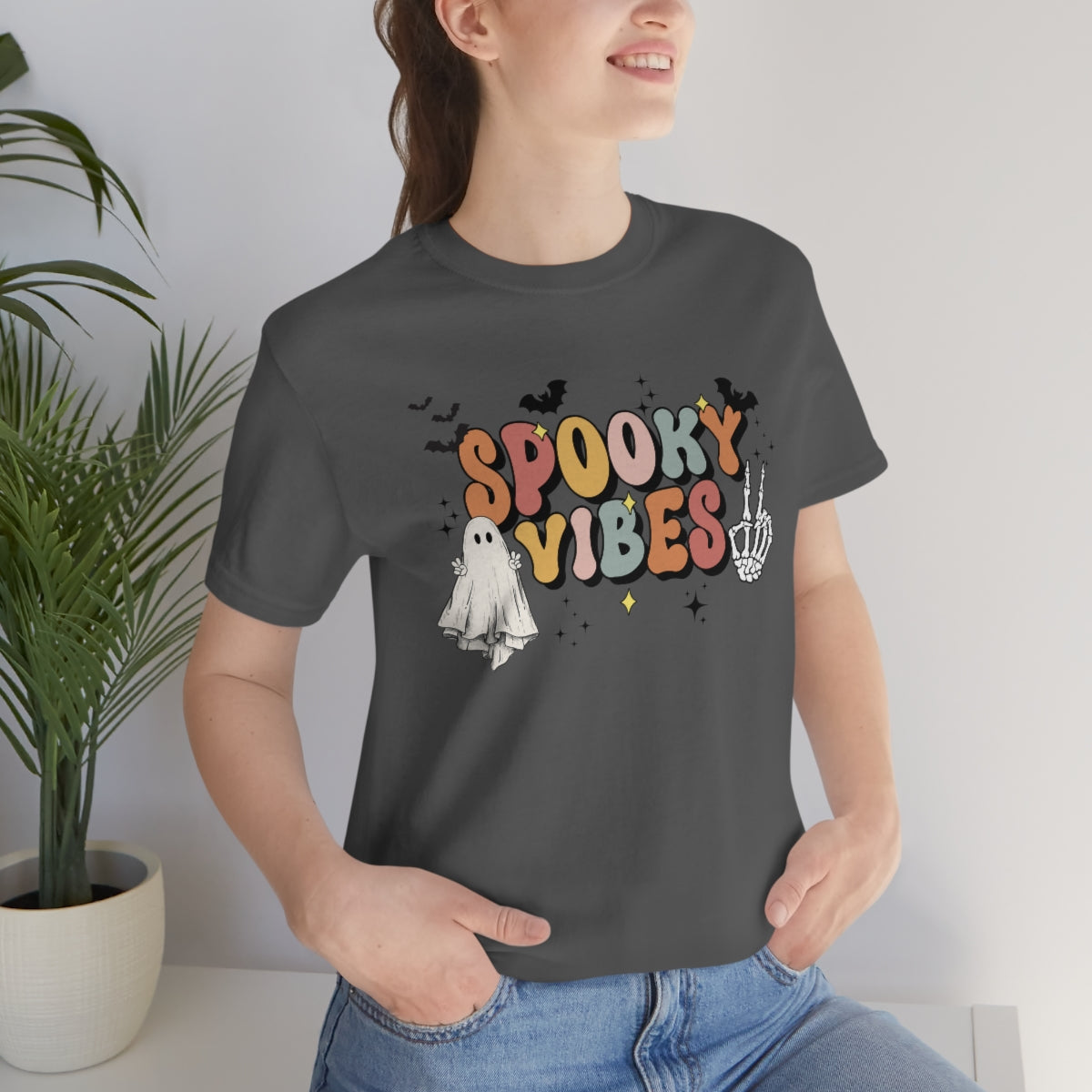 Spooky Vibes Retro Letters with Ghost TShirt, Funny Shirt, Halloween Lover Gift on Unisex Jersey Short Sleeve Tee