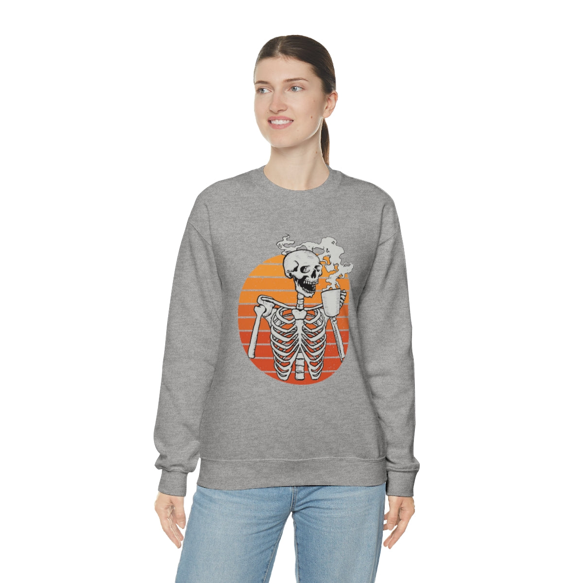 Skeleton Drinking Coffee Sweatshirt, Skeleton Sweater, Coffee Lover Sweatshirt, Halloween Crewneck Sweatshirt, Halloween Sweater, Spooky Season, Fall Shirts on Unisex Heavy Blend™ Crewneck Sweatshirt