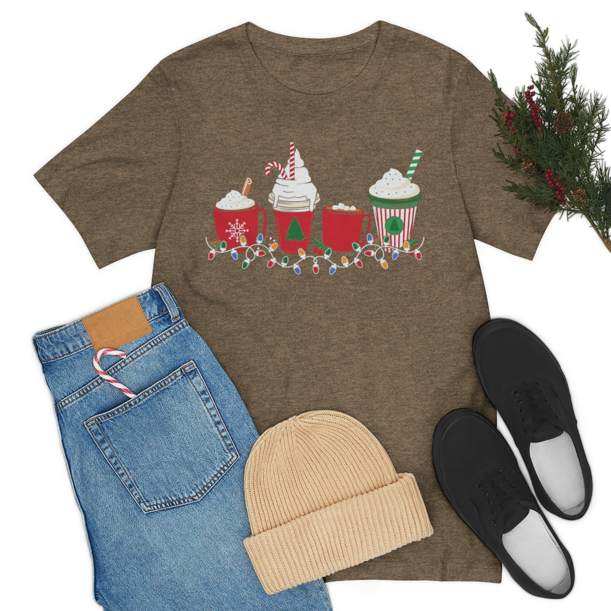 Starbucks Themed Peppermint Coffee Cups Christmas Holiday Tshirt