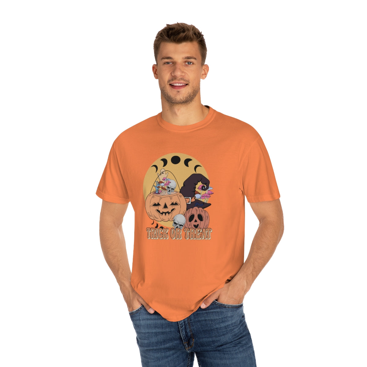 Trick or Treat Retro Vintage Style Halloween Teeshirt Design on Unisex Garment-Dyed T-shirt