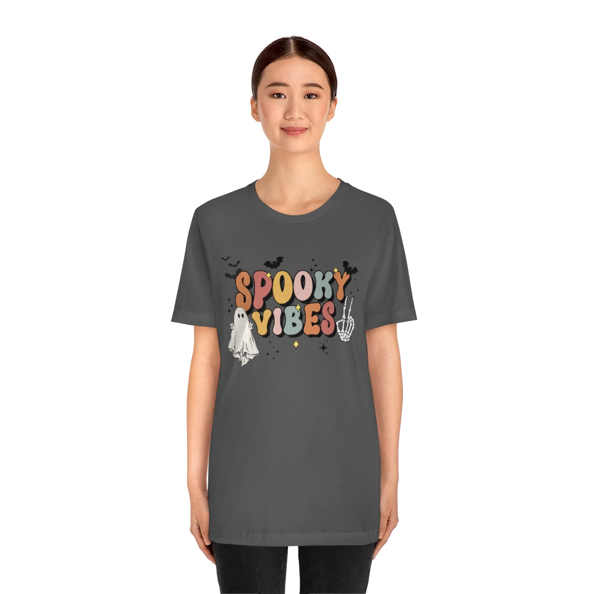 Spooky Vibes Retro Letters with Ghost TShirt, Funny Shirt, Halloween Lover Gift on Unisex Jersey Short Sleeve Tee