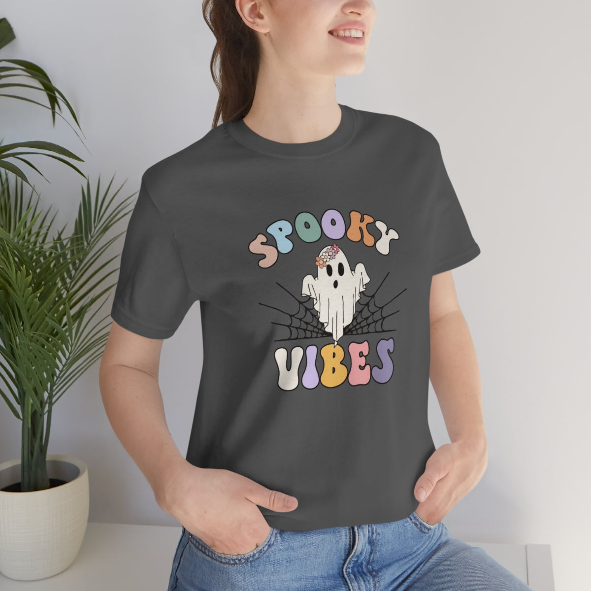 Spooky Vibes Ghost with Web TShirt, Funny Shirt, Halloween Lover Gift on Unisex Jersey Short Sleeve Tee