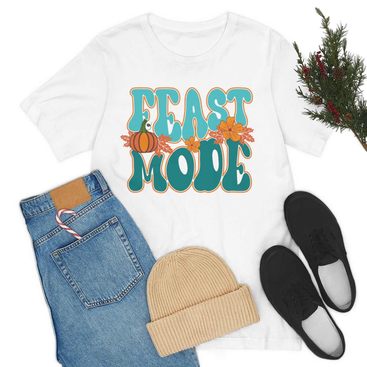 Feast Mode Cute Thanksgiving Tshirt Design | Thanksgiving TShirt | Thanksgiving T-Shirt | Thanksgiving Teeshirt Design on Unisex Jersey Short Sleeve Tee