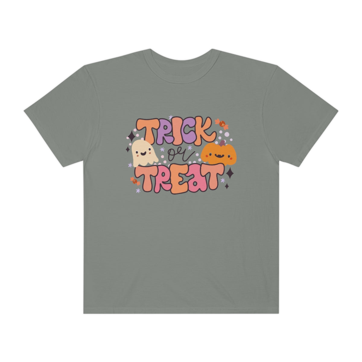 Trick or Treat Pumpkin Halloween Design, Halloween Tshirt, Funny Tshirt Design on Unisex Garment-Dyed T-shirt