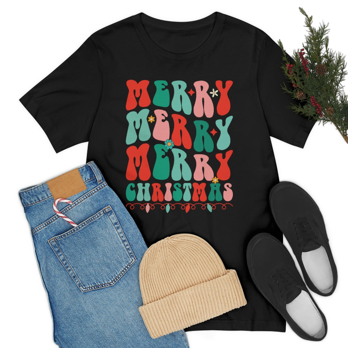 Retro Merry Merry Merry Christmas Xmas Holiday Tshirt