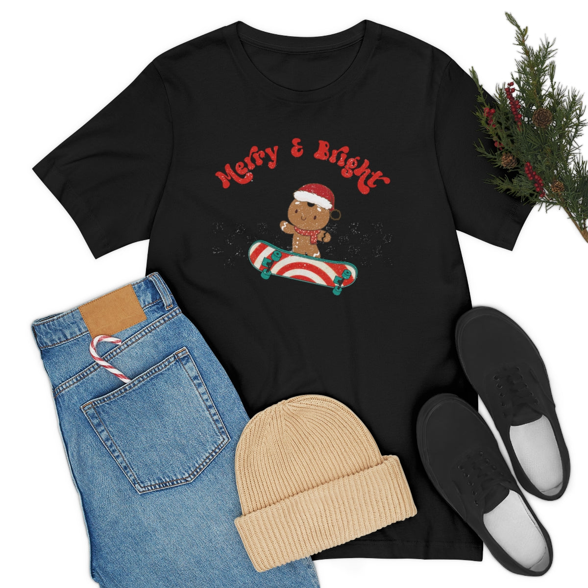 Merry & Bright Skating Gingerbread Christmas Tshirt