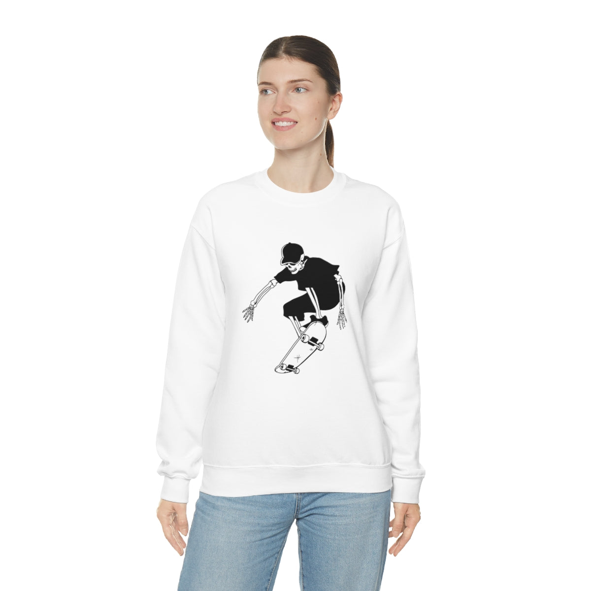 Skateboarding Skeleton Sweatshirt, Halloween Crewneck Sweatshirt, Halloween Sweater, Spooky Season, Fall Theme on Unisex Heavy Blend™ Crewneck Sweatshirt