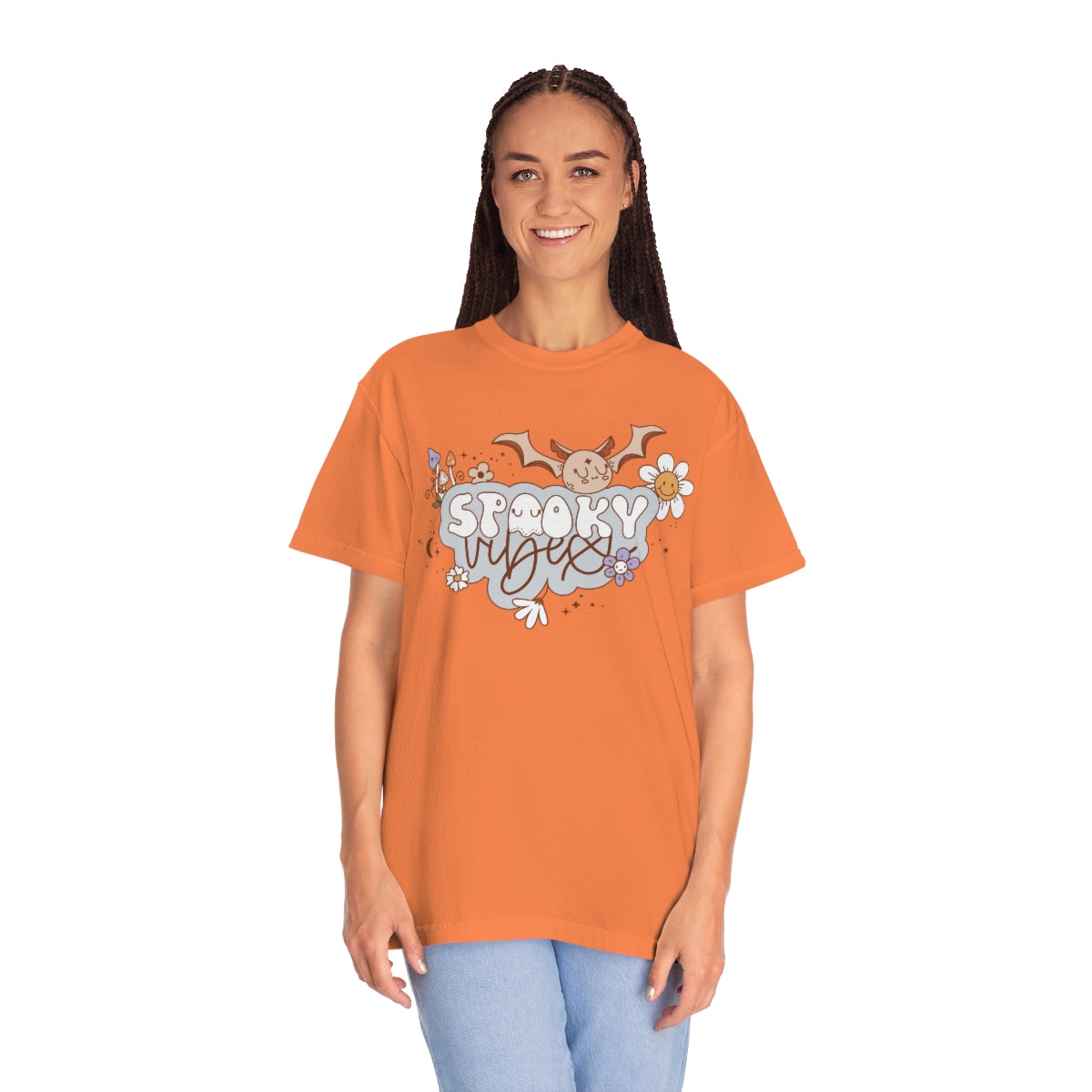 Spooky Vibes Cute Bat with Retro Lettering Design, Halloween Tshirt, Funny Tshirt Design on Unisex Garment-Dyed T-shirt