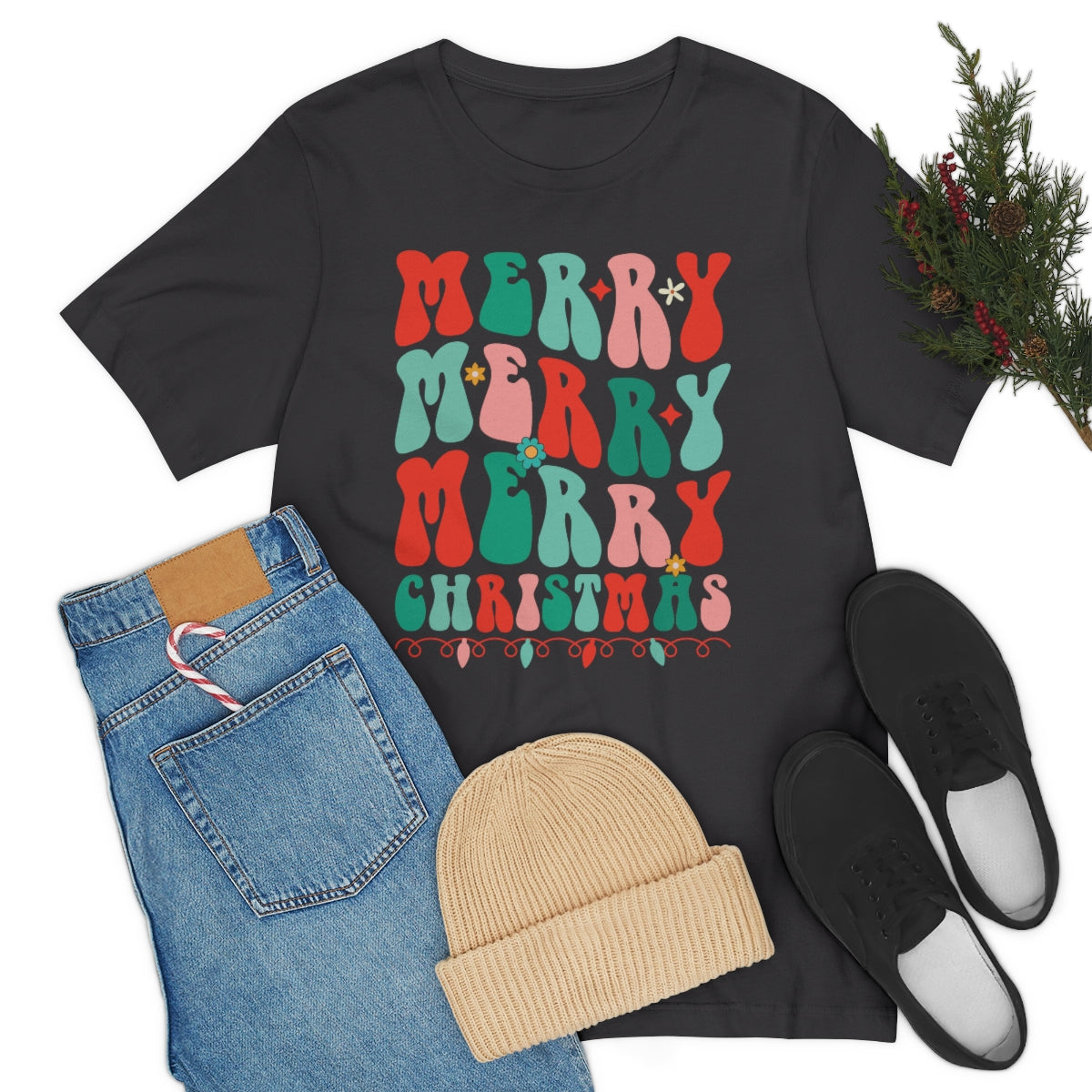 Retro Merry Merry Merry Christmas Xmas Holiday Tshirt