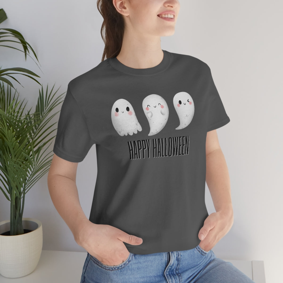 Three Ghosts Cute Happy Halloween Tshirt, Funny TShirt Design on Unisex Jersey Short Sleeve Tee