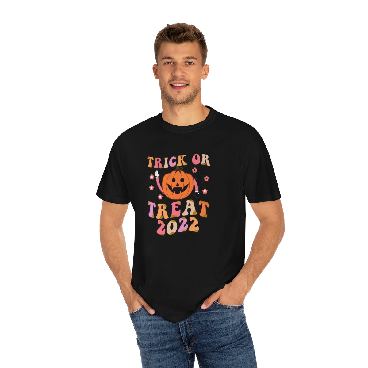 Trick or Treat Halloween 2022 Cute Retro Teeshirt Design on Unisex Garment-Dyed T-shirt