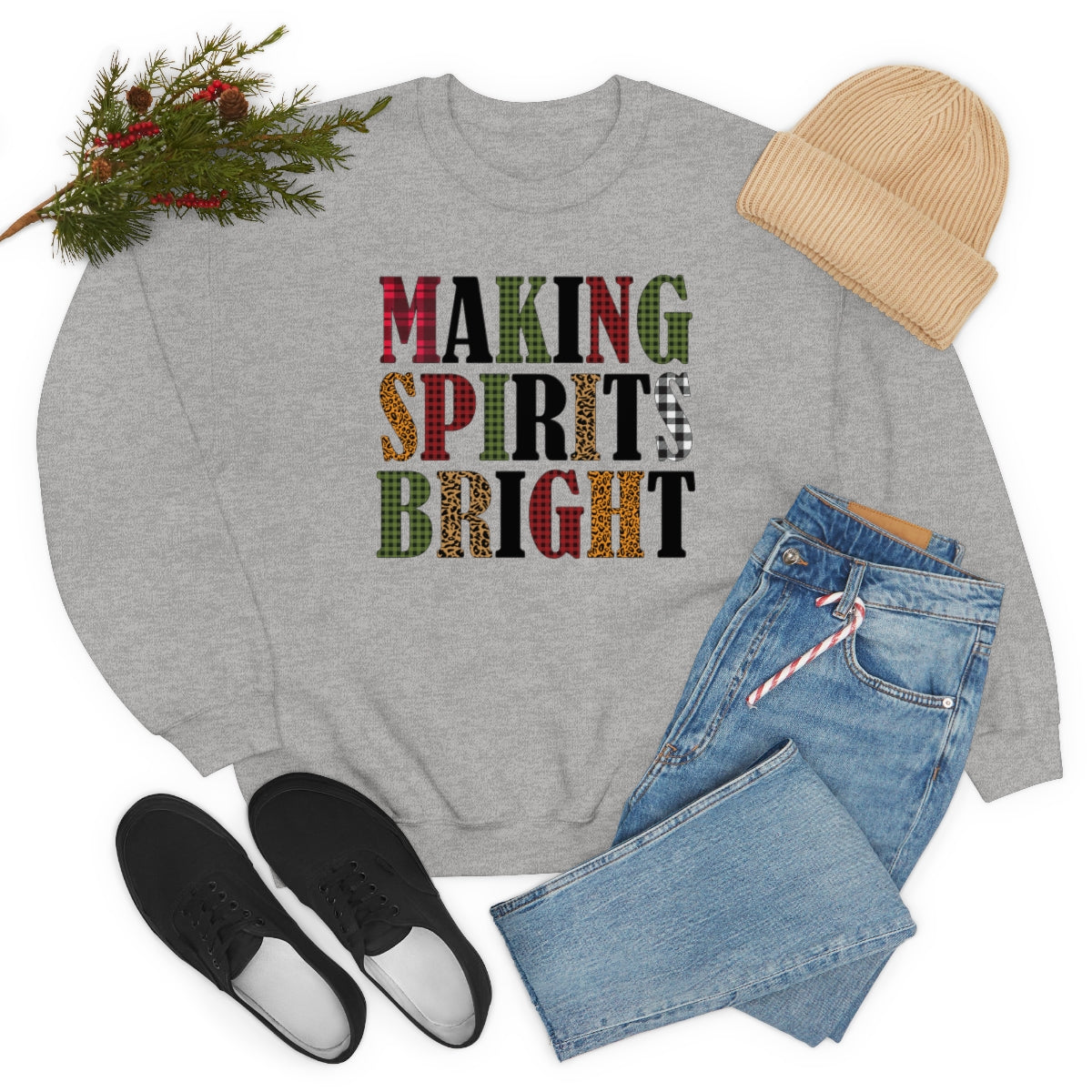 Making Spirits Bright Plaid Lettering Christmas Sweatshirt