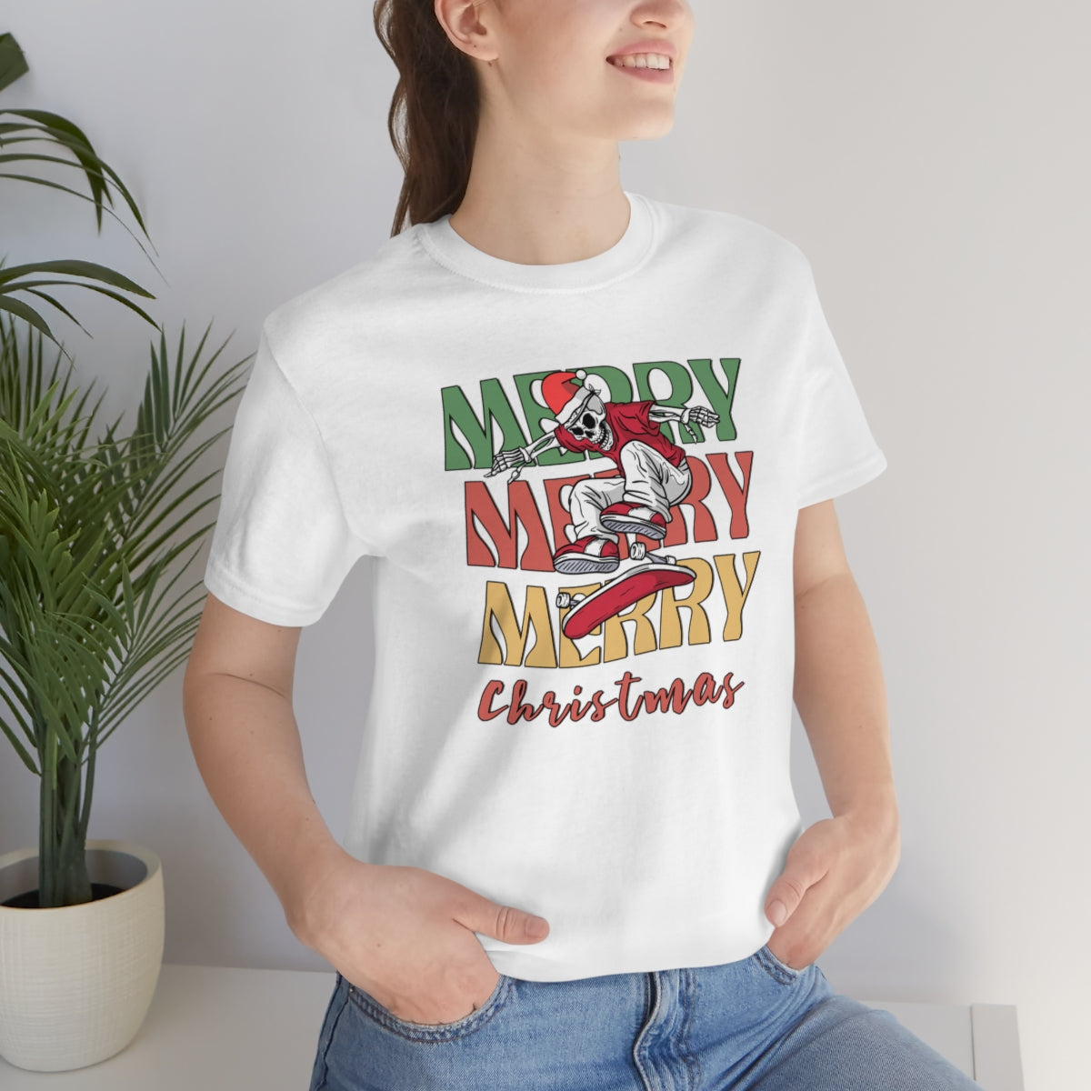 Merry Christmas Skeleton Skateboarding Retro Christmas Tshirt