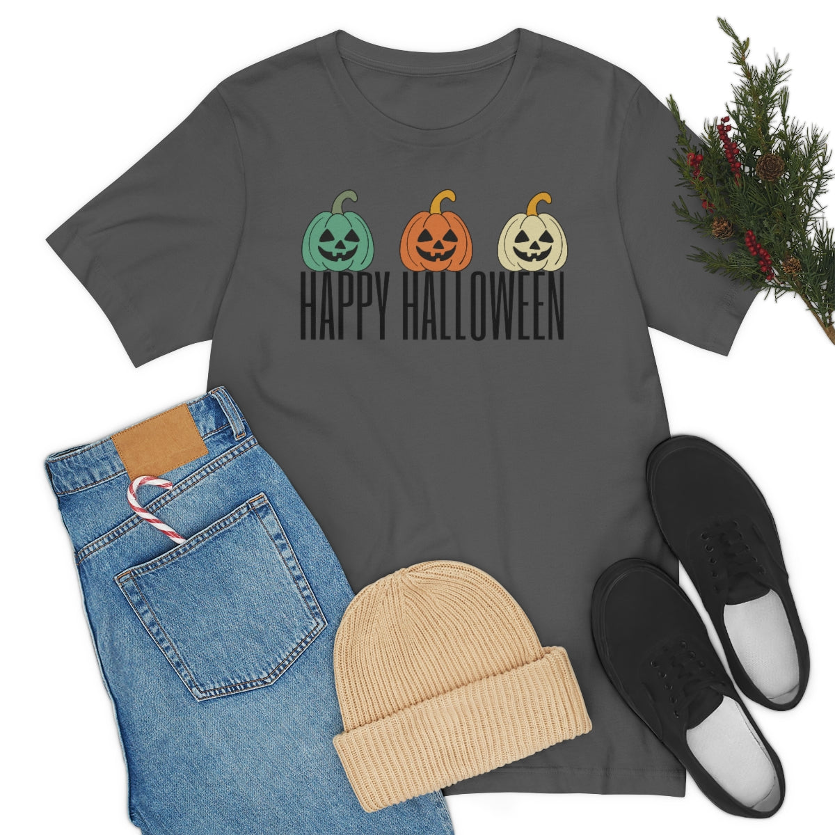 Three Pumpkins Retro Cute Happy Halloween TShirt Design on Unisex Jersey Short Sleeve Tee