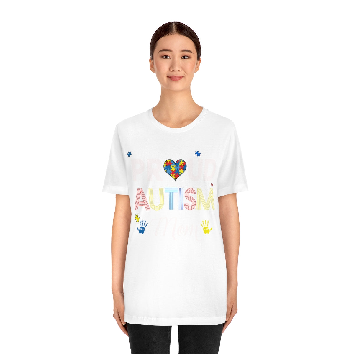 Proud Autism Mom with Handprints Puzzle Pieces Tshirt