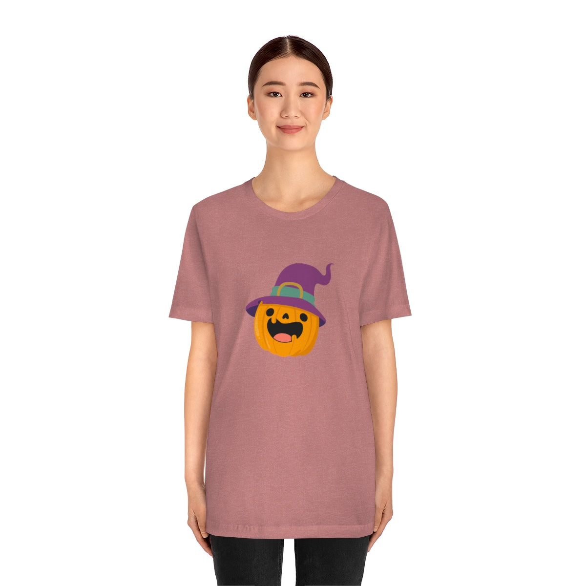 Pumpkin with Purple Hat Happy Halloween Tshirt, Funny Halloween T-Shirt Design on Unisex Jersey Short Sleeve Tee