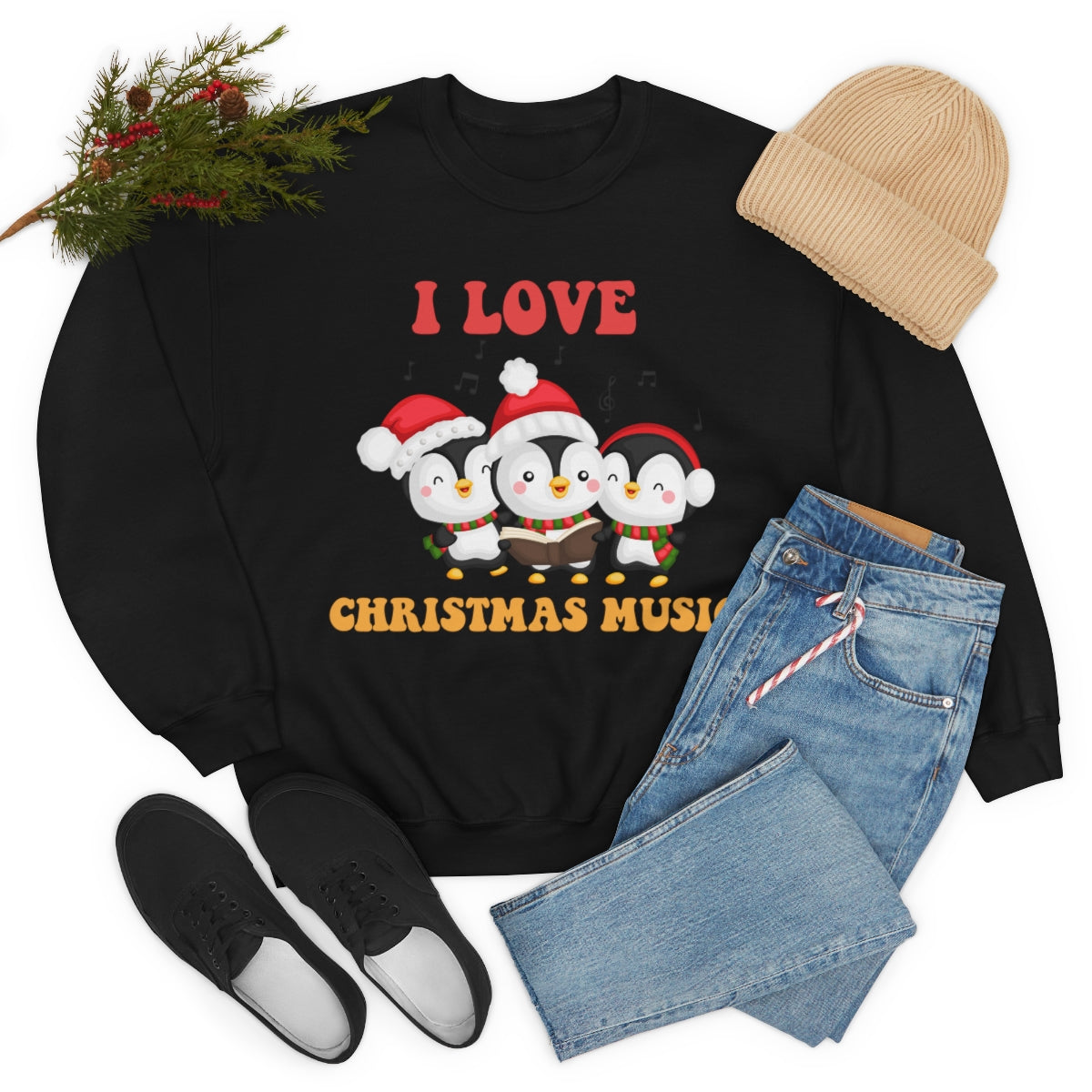 Cute I Love Christmas Music Singing Caroling Penguins Xmas Holiday Sweatshirt