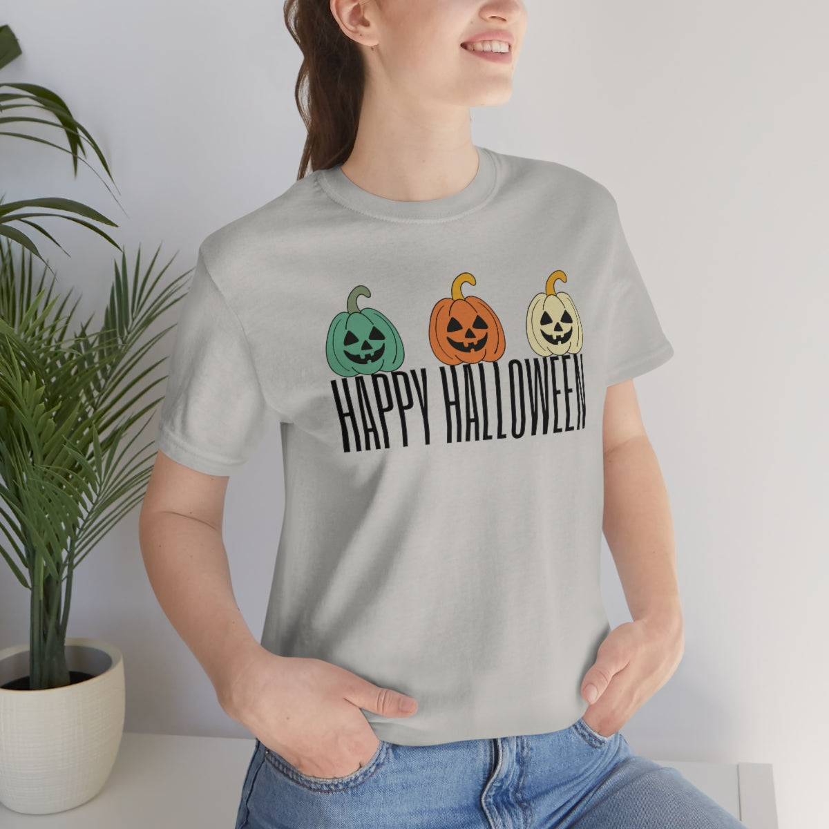 Three Pumpkins Retro Cute Happy Halloween TShirt Design on Unisex Jersey Short Sleeve Tee