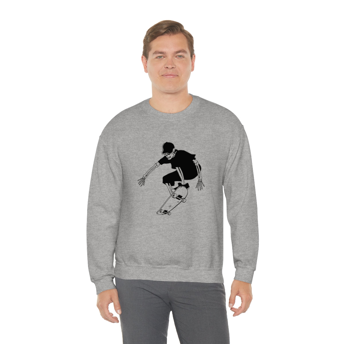 Skateboarding Skeleton Sweatshirt, Halloween Crewneck Sweatshirt, Halloween Sweater, Spooky Season, Fall Theme on Unisex Heavy Blend™ Crewneck Sweatshirt