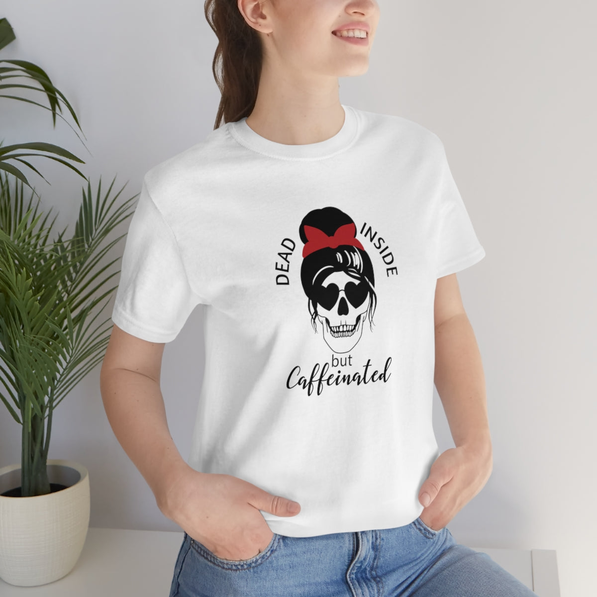 Dead Inside but Caffeinated Skeleton TShirt, Funny Shirt, Halloween Coffee Lover Gift on Unisex Jersey Short Sleeve Tee