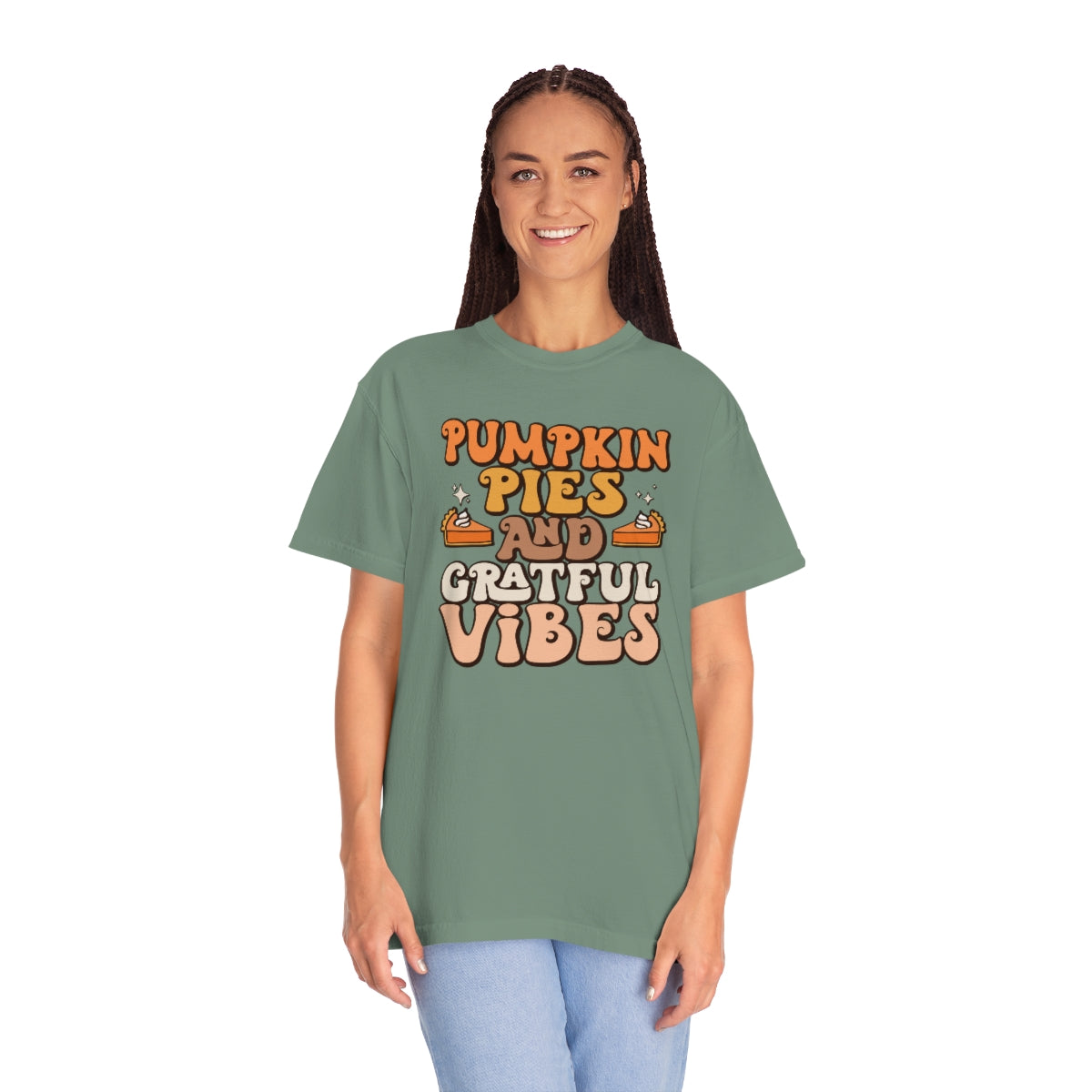 Pumpkin Pies & Grateful Vibes Thanksgiving TeeShirt Design | Thanksgiving T-Shirt | Retro Thanksgiving Shirt Design | Thanksgiving TShirt | Thanksgiving Lover Shirt | Funny Thanksgiving Tee Shirt Design on Unisex Garment-Dyed T-shirt