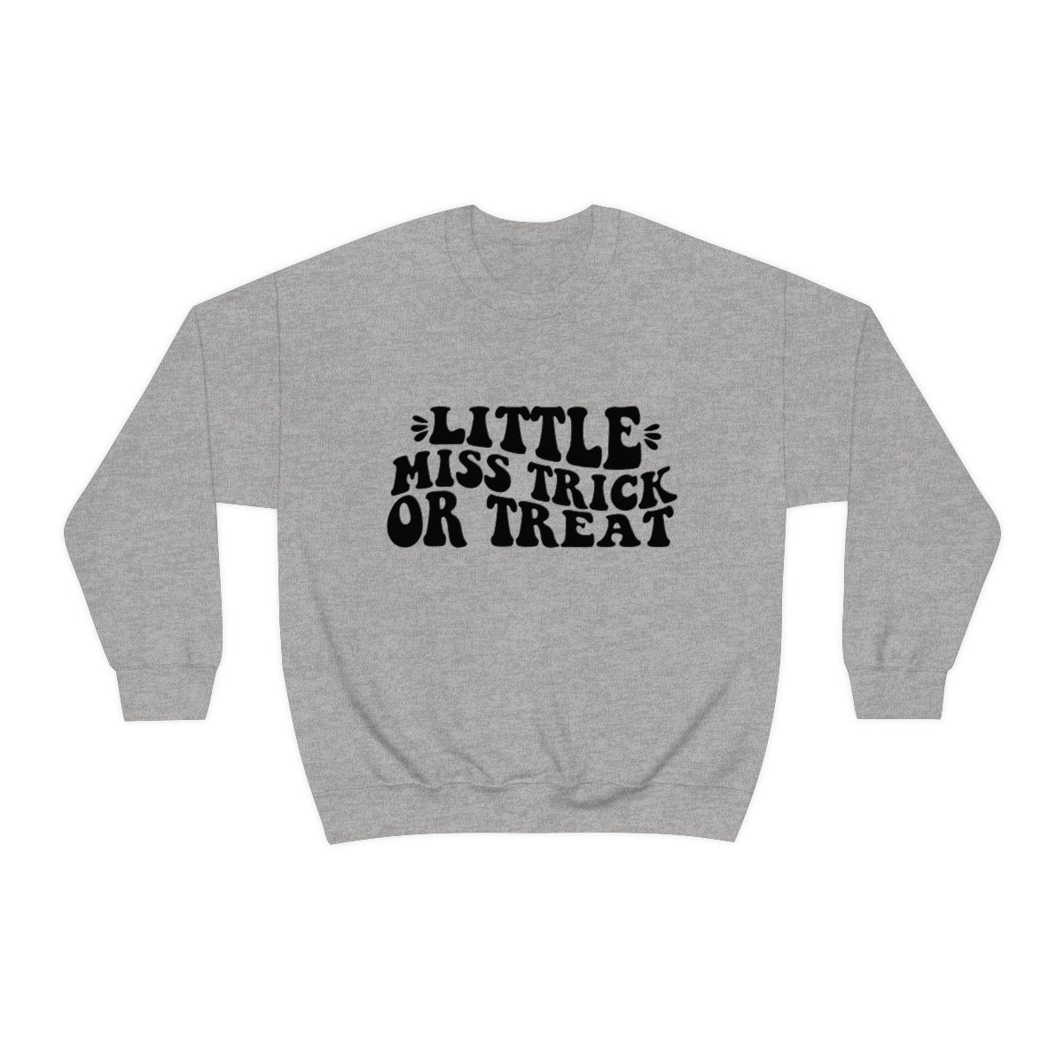 Little Miss Trick or Treat Halloween Sweatshirt, Crewneck Sweatshirt, Halloween Sweater, Spooky Season, Fall Theme on Unisex Heavy Blend™ Crewneck Sweatshirt