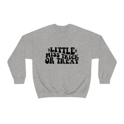 Little Miss Trick or Treat Halloween Sweatshirt, Crewneck Sweatshirt, Halloween Sweater, Spooky Season, Fall Theme on Unisex Heavy Blend™ Crewneck Sweatshirt