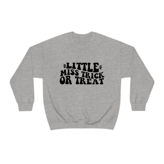 Little Miss Trick or Treat Halloween Sweatshirt, Crewneck Sweatshirt, Halloween Sweater, Spooky Season, Fall Theme on Unisex Heavy Blend™ Crewneck Sweatshirt