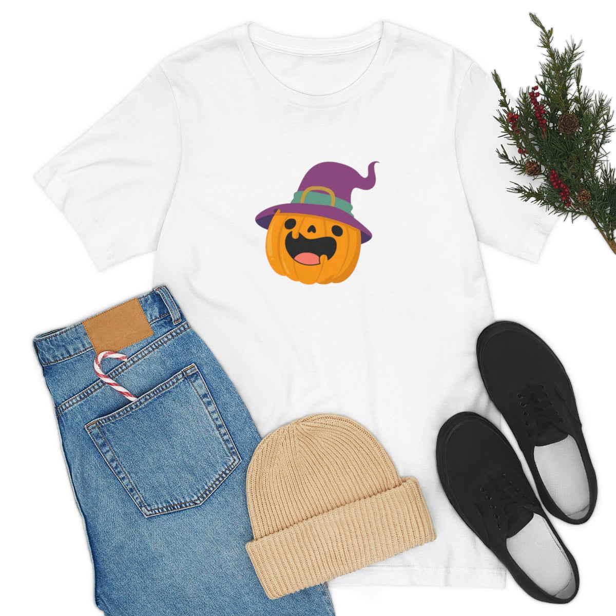 Pumpkin with Purple Hat Happy Halloween Tshirt, Funny Halloween T-Shirt Design on Unisex Jersey Short Sleeve Tee