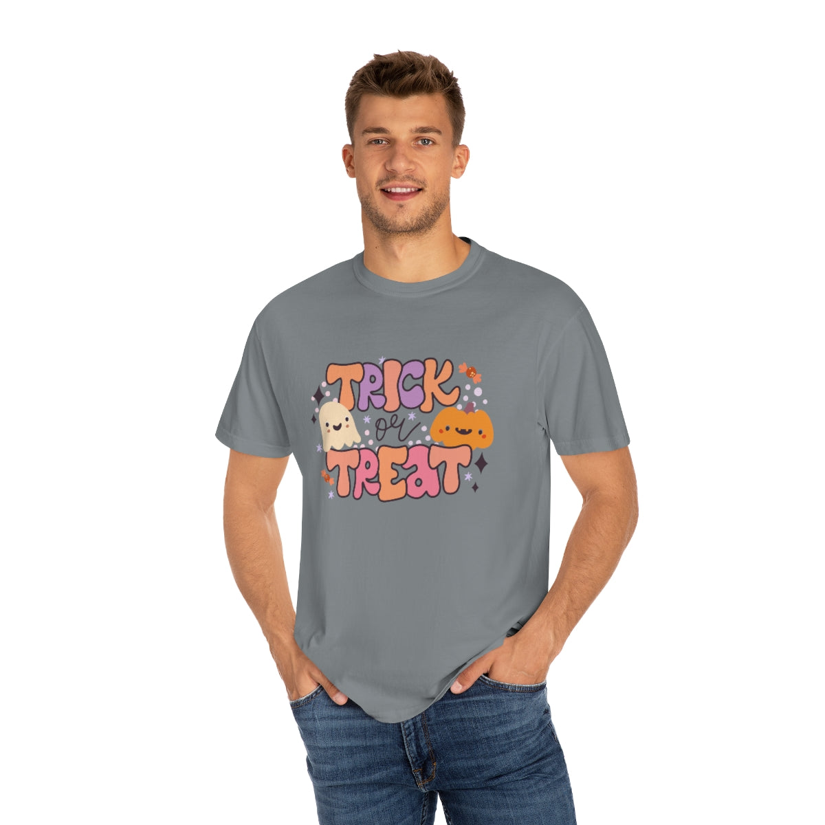 Trick or Treat Pumpkin Halloween Design, Halloween Tshirt, Funny Tshirt Design on Unisex Garment-Dyed T-shirt