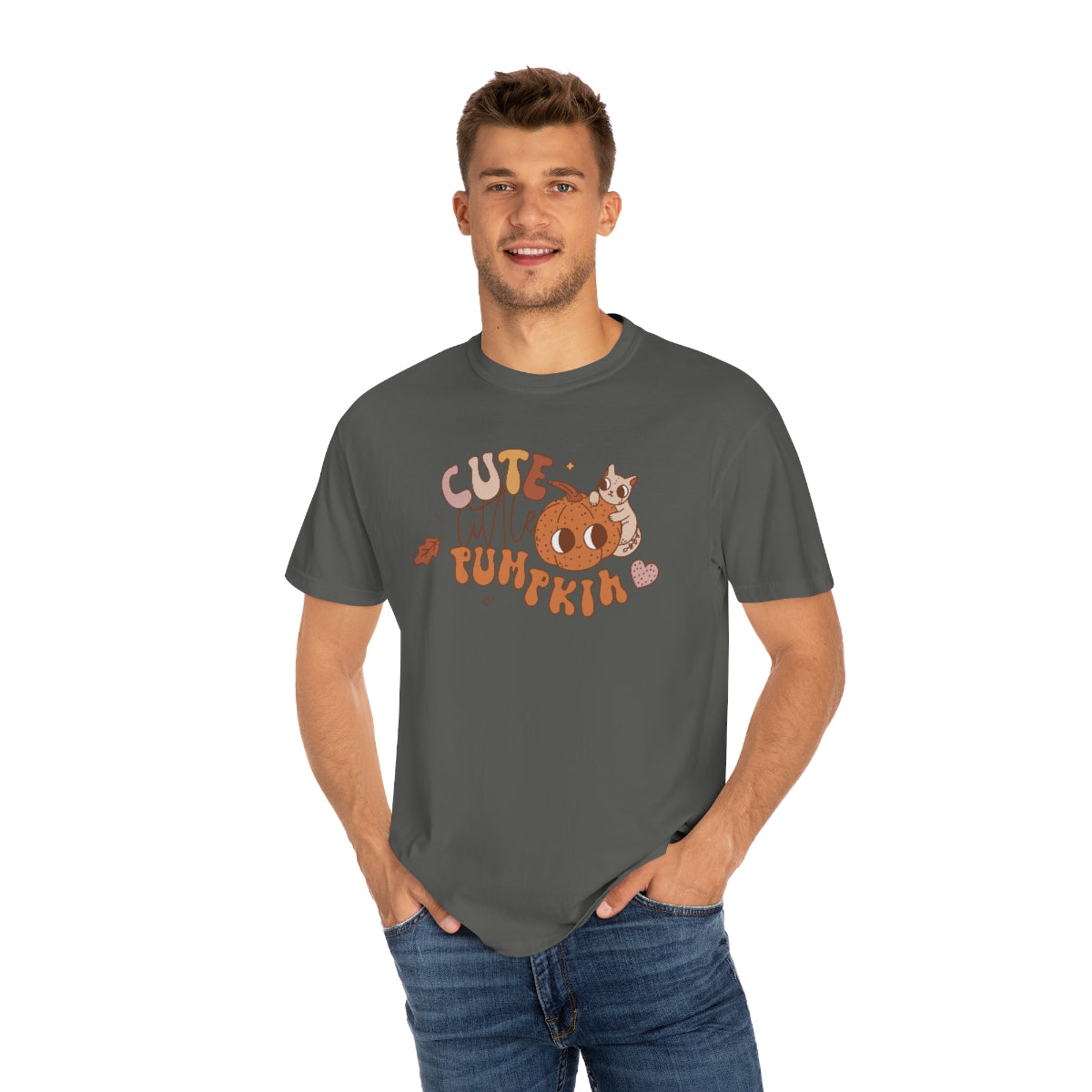 Cute Little Pumpkin with Black Cat and Retro Lettering Design, Halloween Tshirt, Funny Tshirt Design on Unisex Garment-Dyed T-shirt