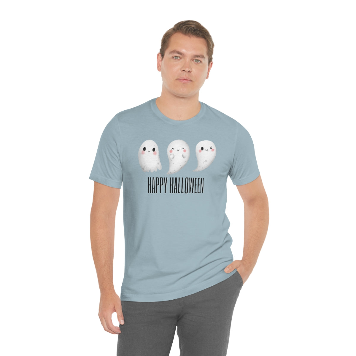 Three Ghosts Cute Happy Halloween Tshirt, Funny TShirt Design on Unisex Jersey Short Sleeve Tee