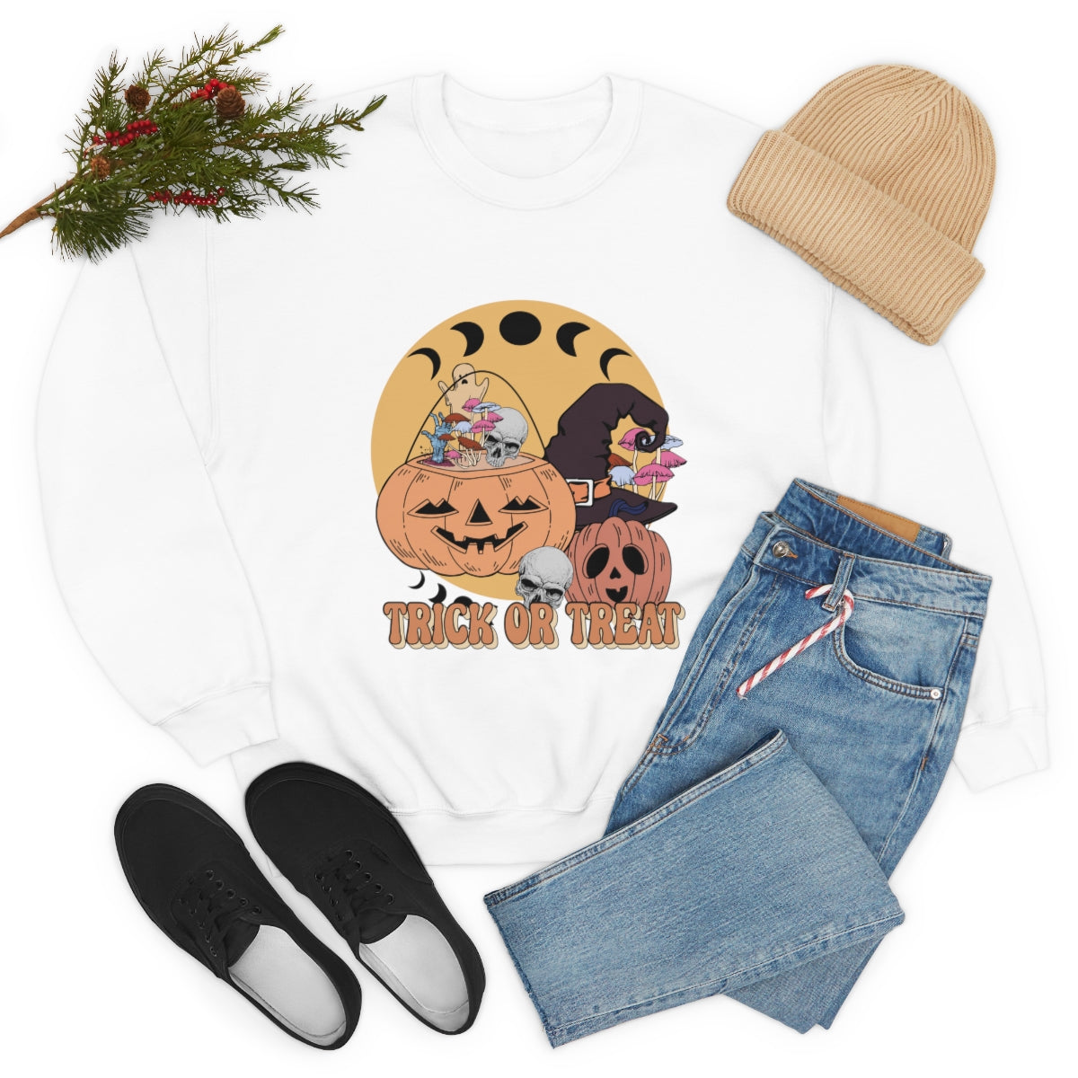 Trick or Treat Vintage Halloween Style Sweatshirt, Halloween Crewneck Sweatshirt, Halloween Sweater, Spooky Season, Fall Theme on Unisex Heavy Blend™ Crewneck Sweatshirt