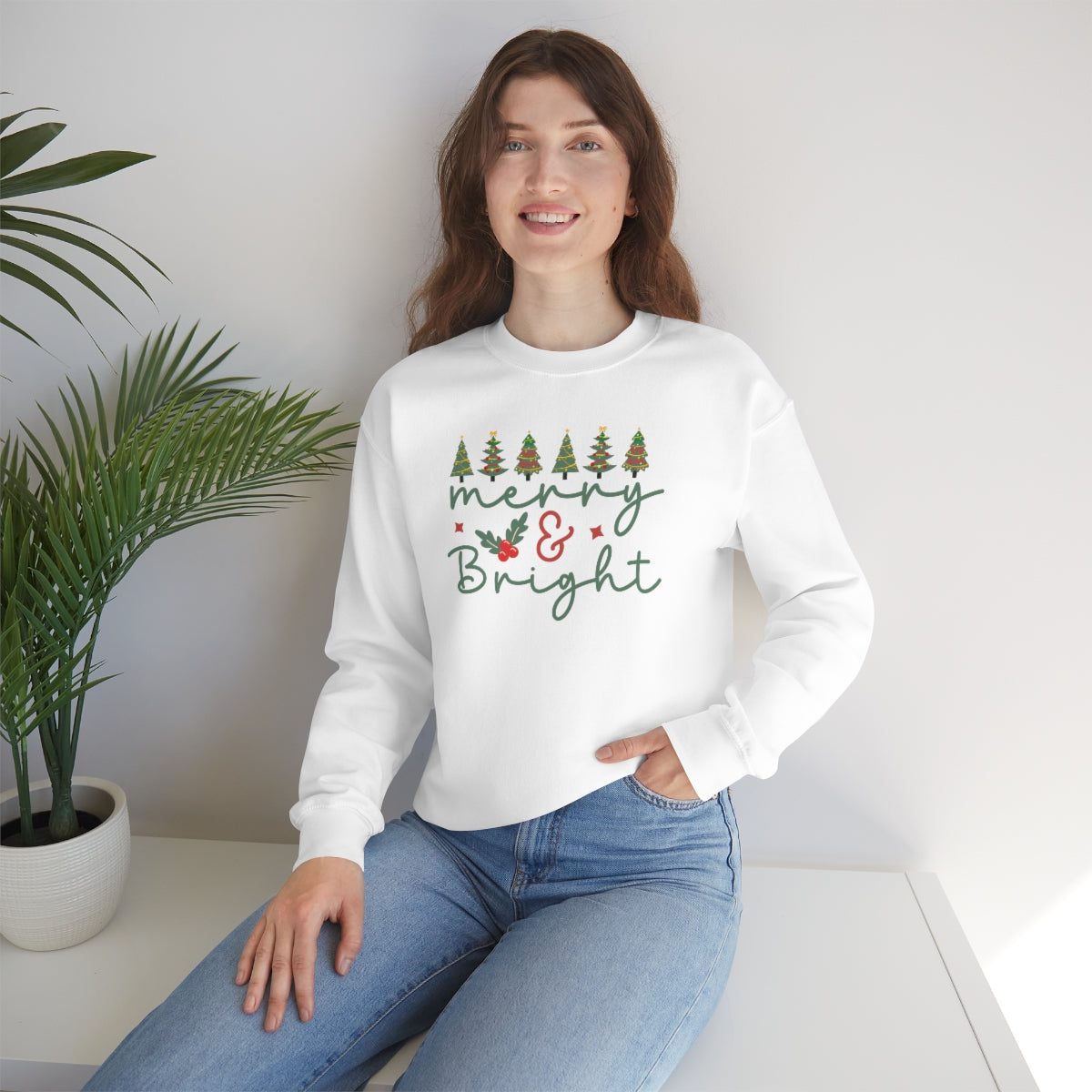 Cute Merry & Bright Christmas Trees Lights Xmas Holiday Sweatshirt