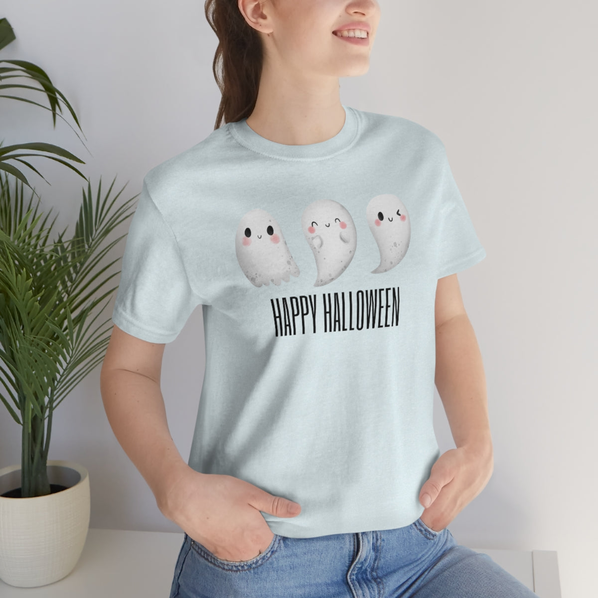 Three Ghosts Cute Happy Halloween Tshirt, Funny TShirt Design on Unisex Jersey Short Sleeve Tee